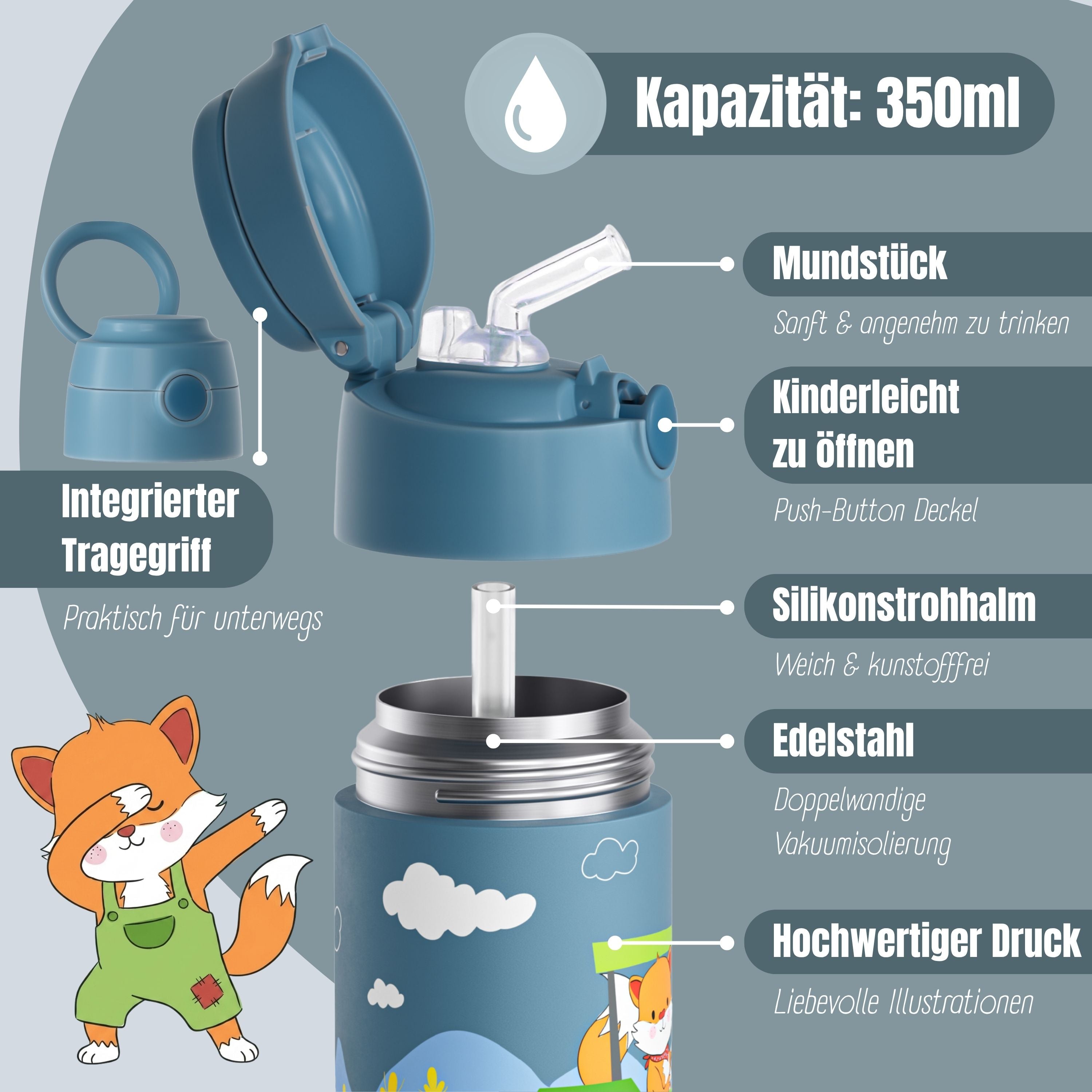 bearfoot-thermo-trinkflasche-edelstahl-traktor-fuchs-blau-350ml image 6