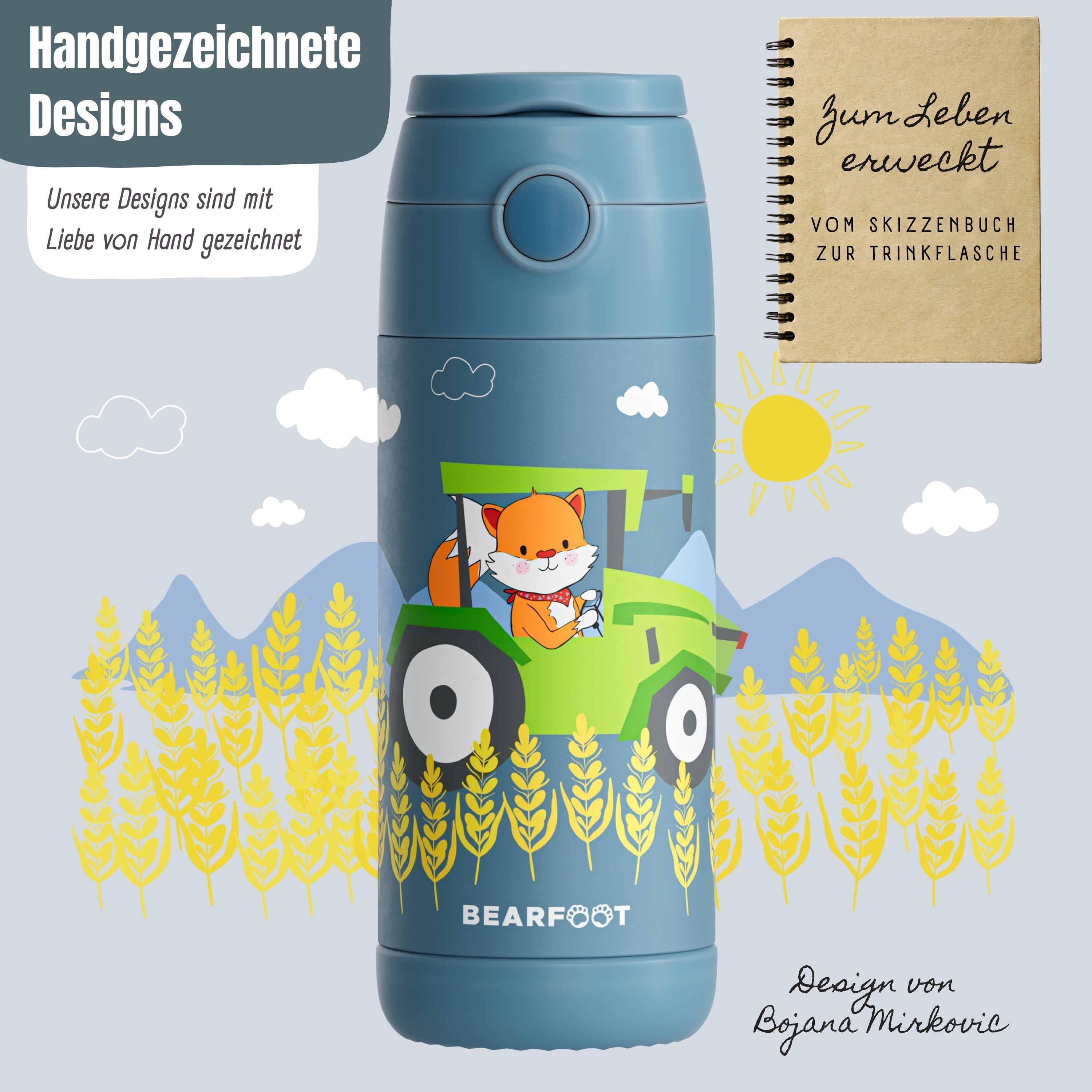 bearfoot-thermo-trinkflasche-edelstahl-traktor-fuchs-blau-350ml image 4