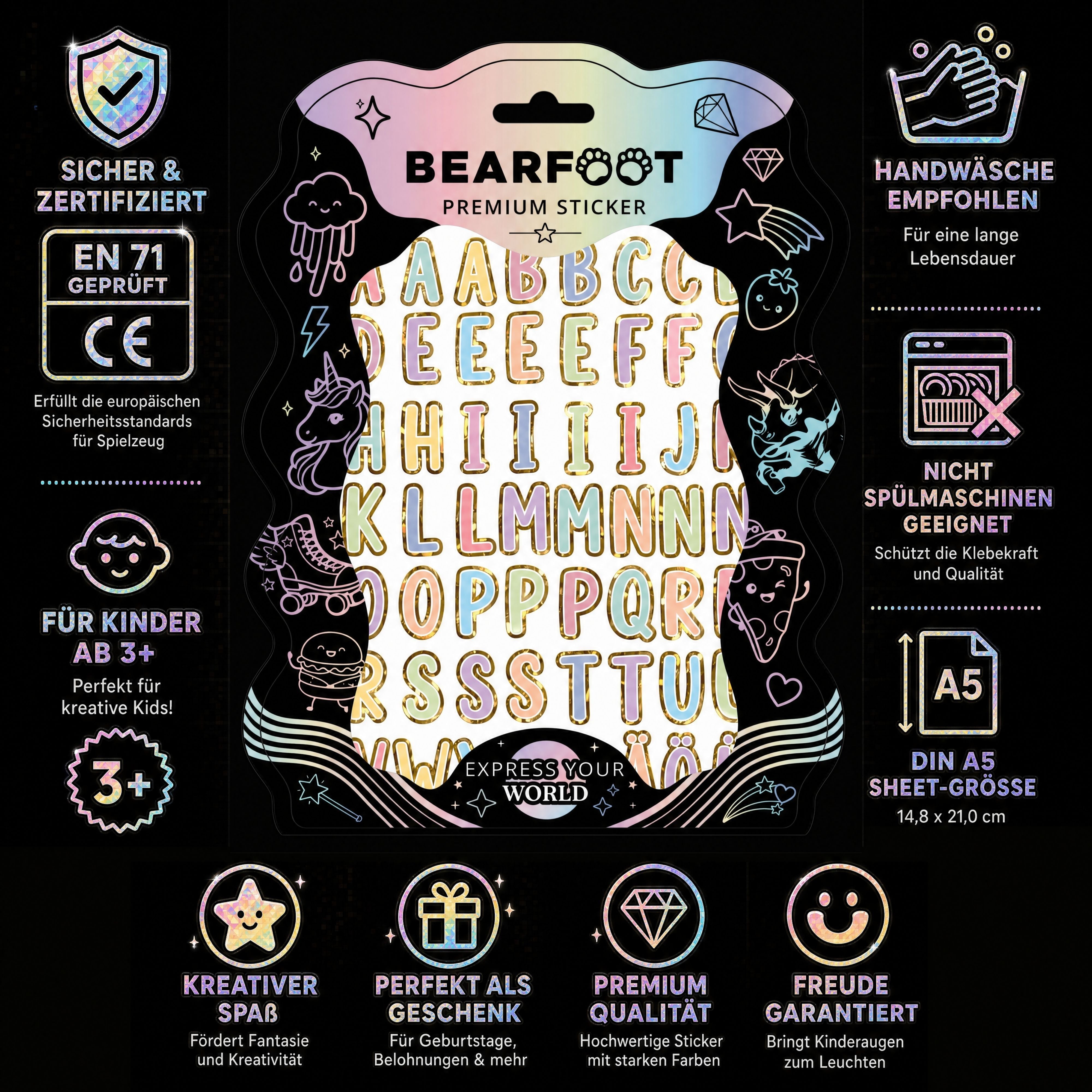 bearfoot-premium-sticker-a5-buchstaben-gold-holografisch image 3