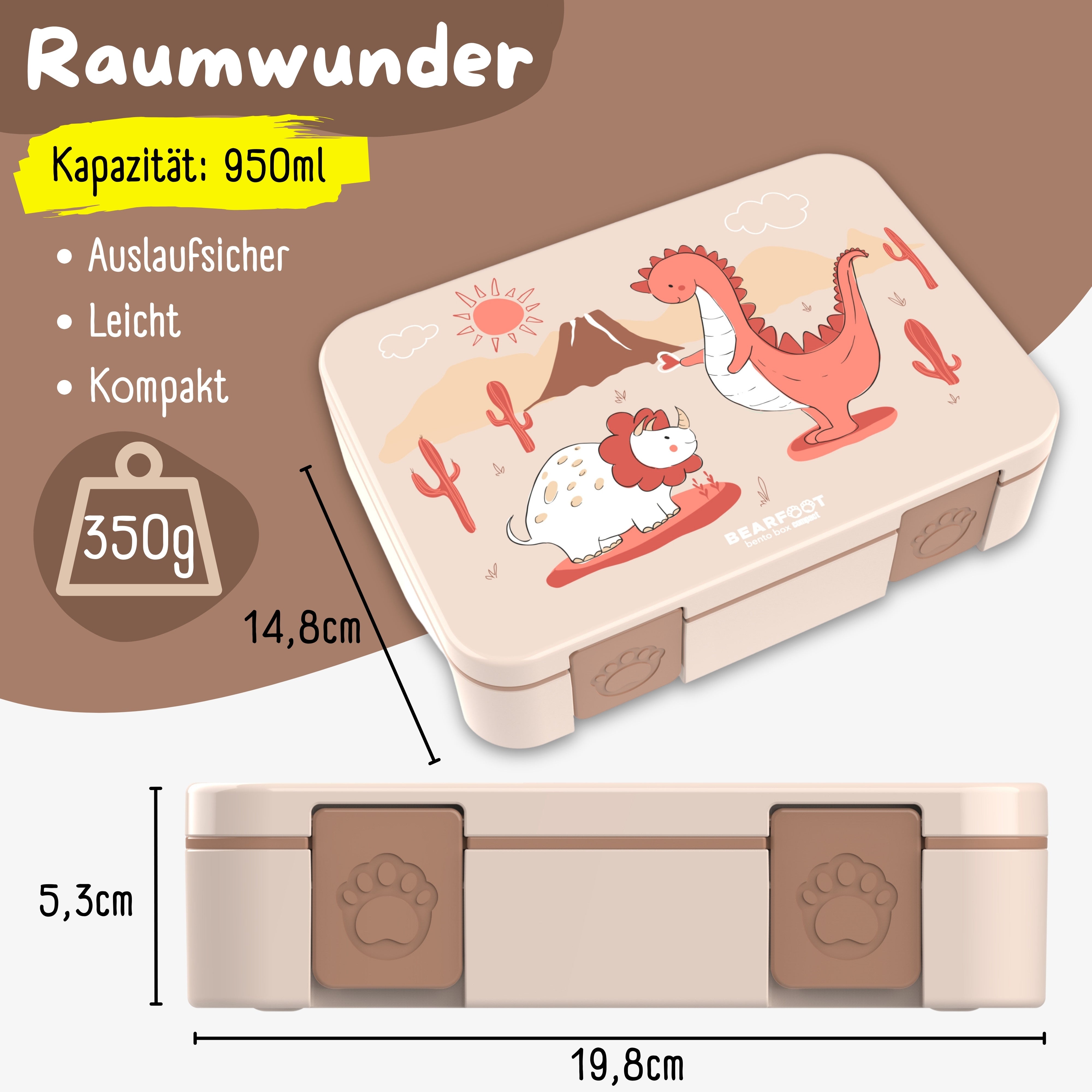 bearfoot-brotdosen-compact-brotdose-dino-braun-950-ml-auslaufsicher image 5