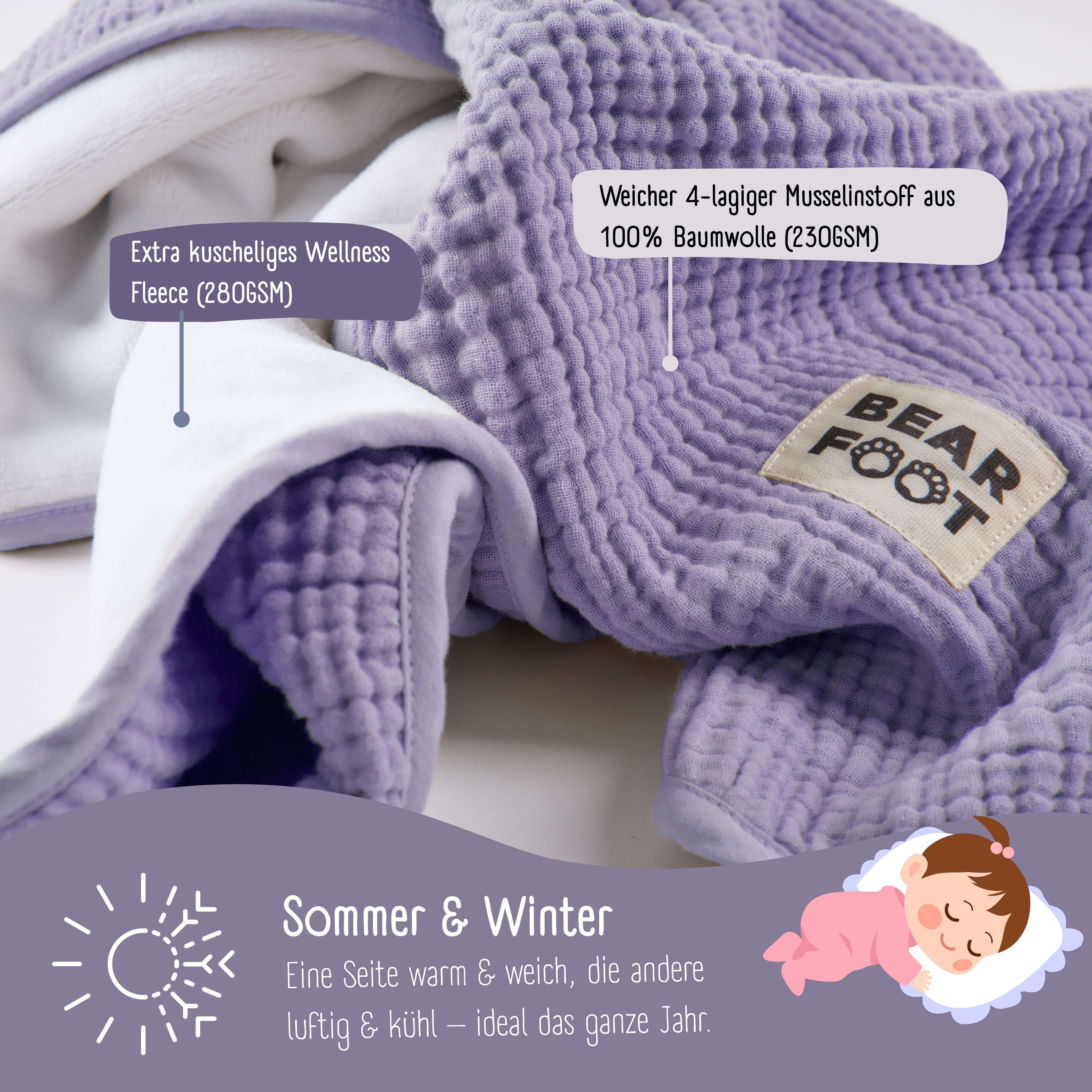 bearfoot-babydecke-musselin-fleece-lila-flauschige-kuscheldecke-wende image 3