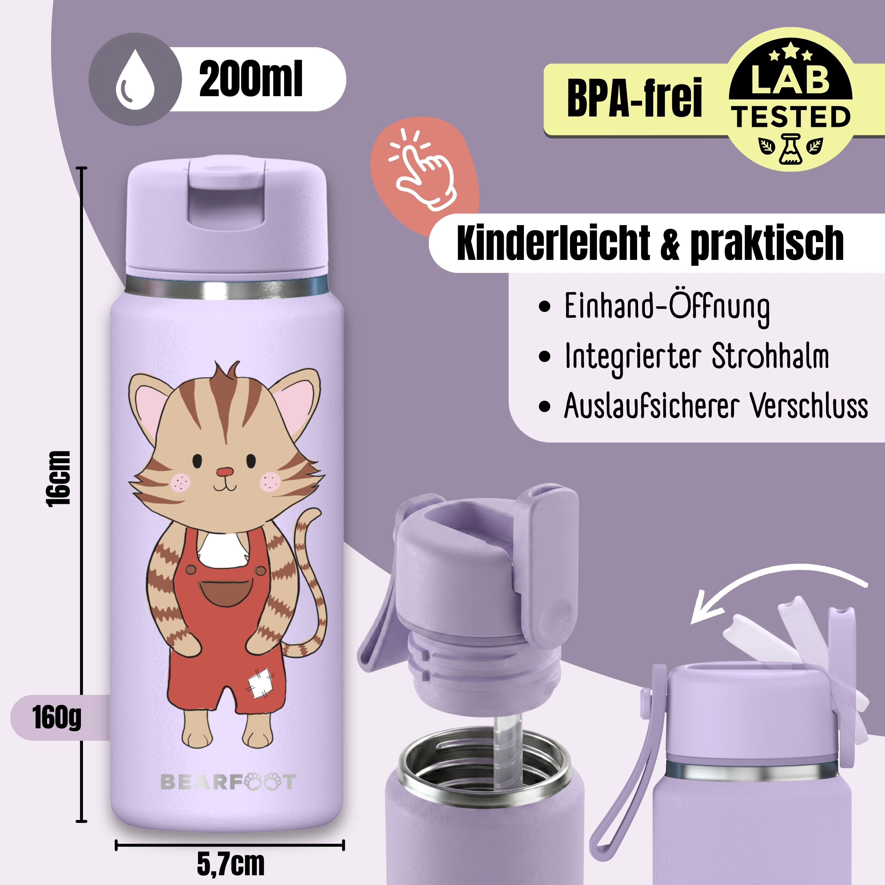 bearfoot-tiny-katze-lila-isolierflasche-200-ml-mit-strohhalm image 4