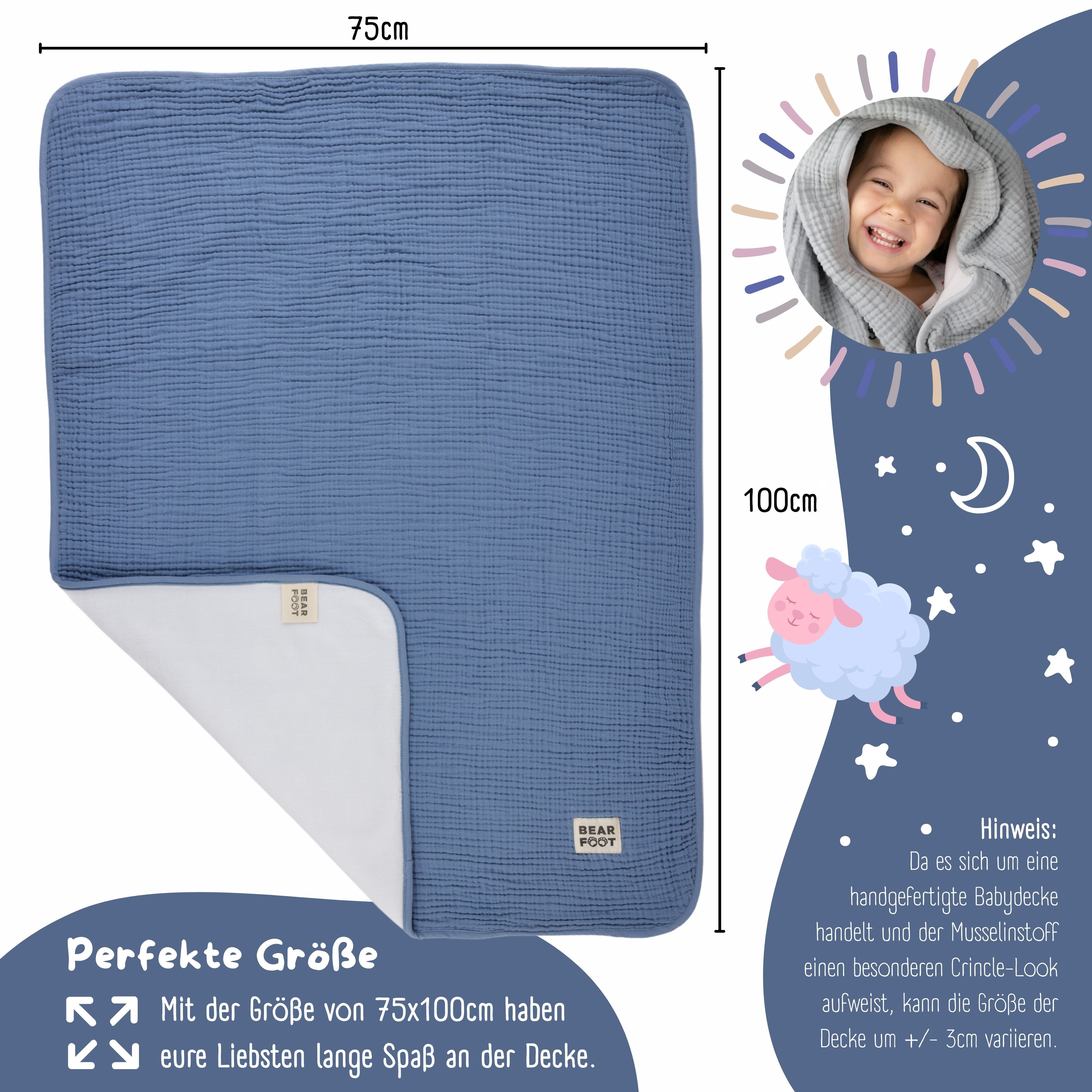 bearfoot-babydecke-musselin-fleece-blau-kuscheldecke image 2