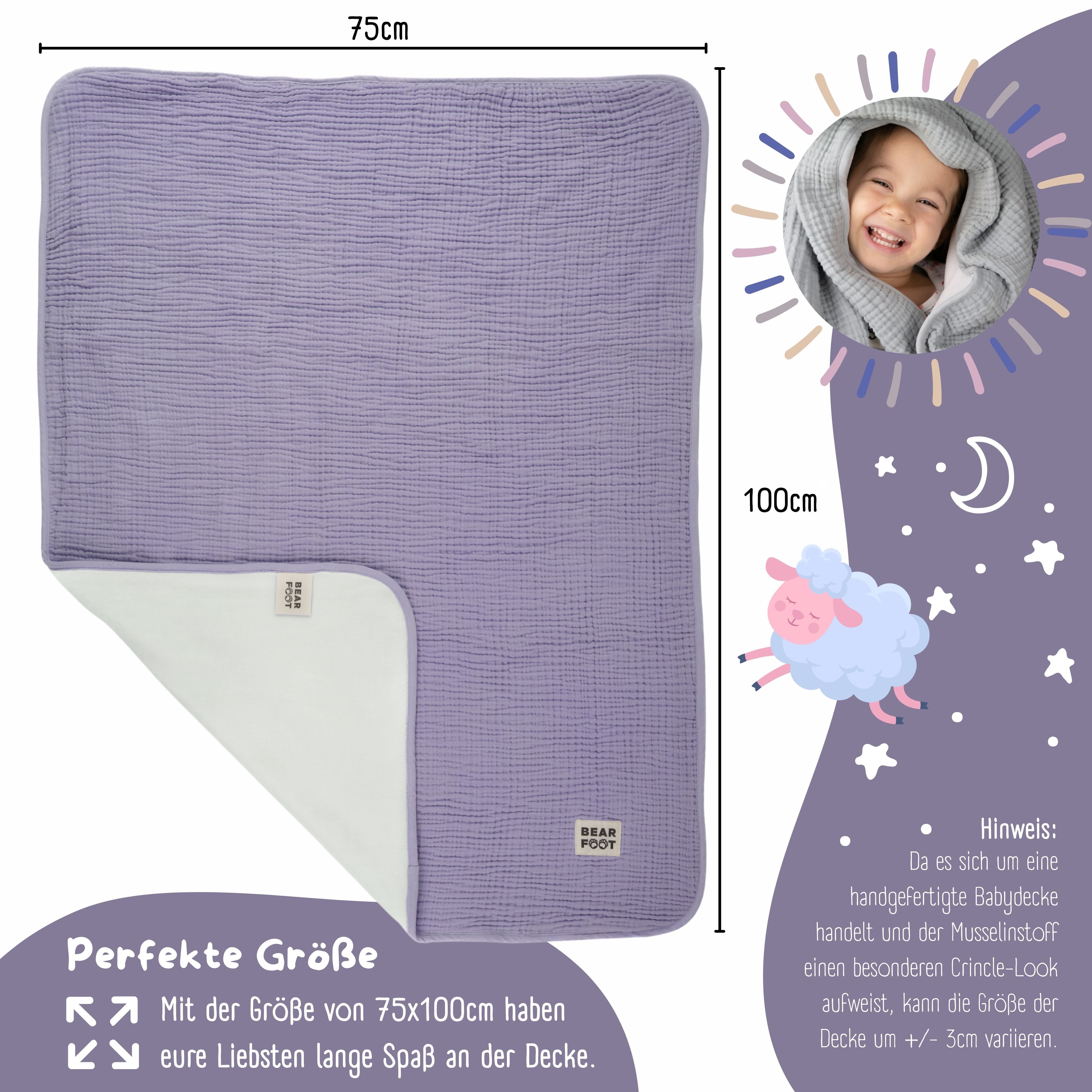 bearfoot-babydecke-musselin-fleece-lila-flauschige-kuscheldecke-wende image 2