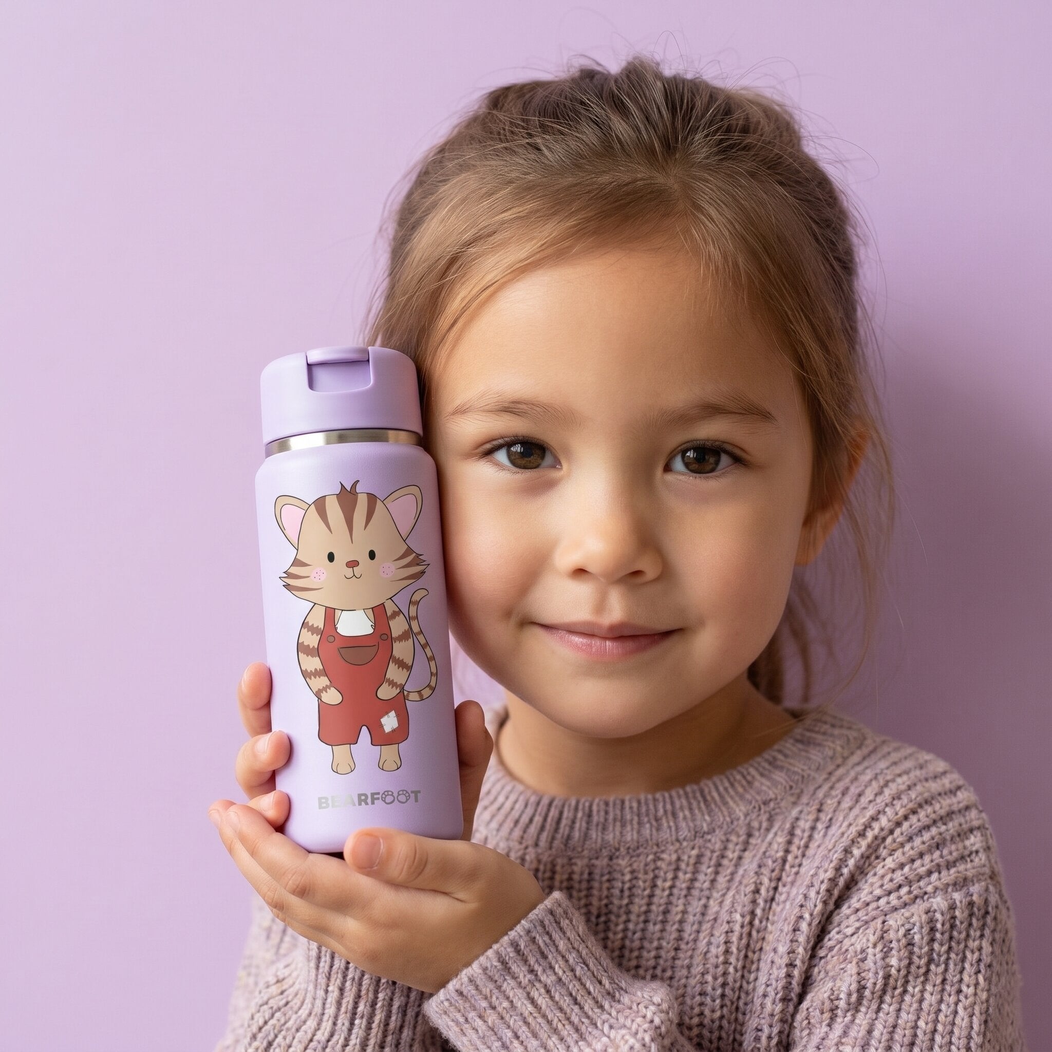 bearfoot-tiny-katze-lila-isolierflasche-200-ml-mit-strohhalm image 1