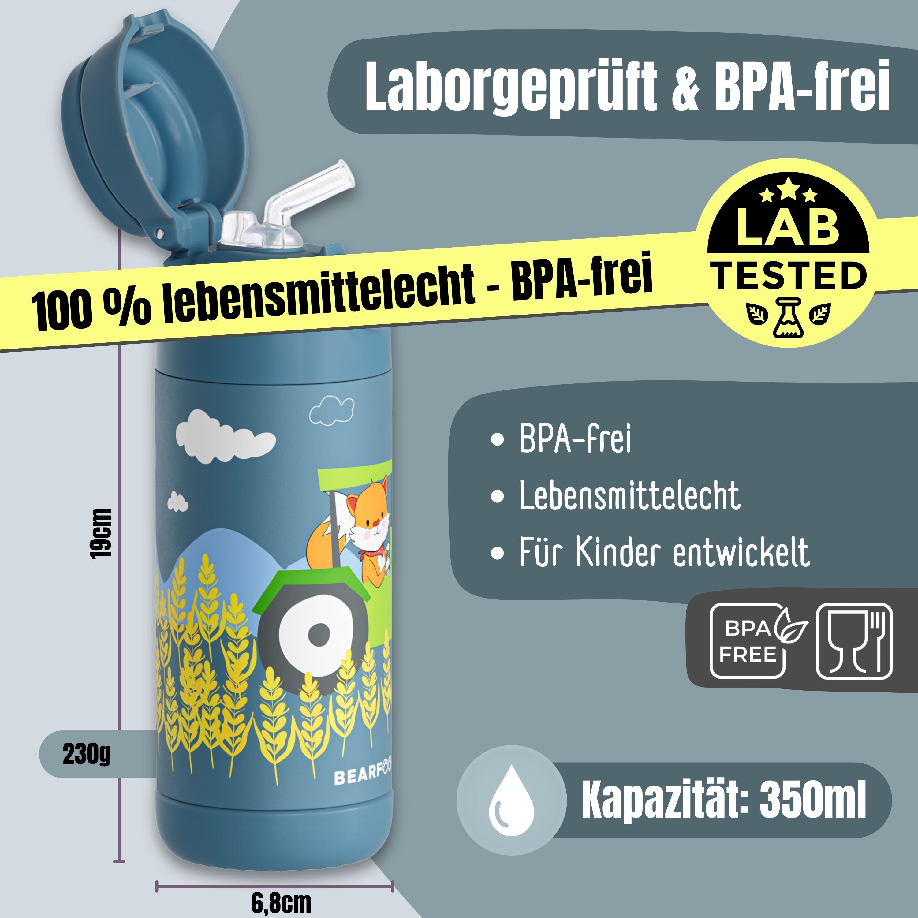 bearfoot-thermo-trinkflasche-edelstahl-traktor-fuchs-blau-350ml image 5
