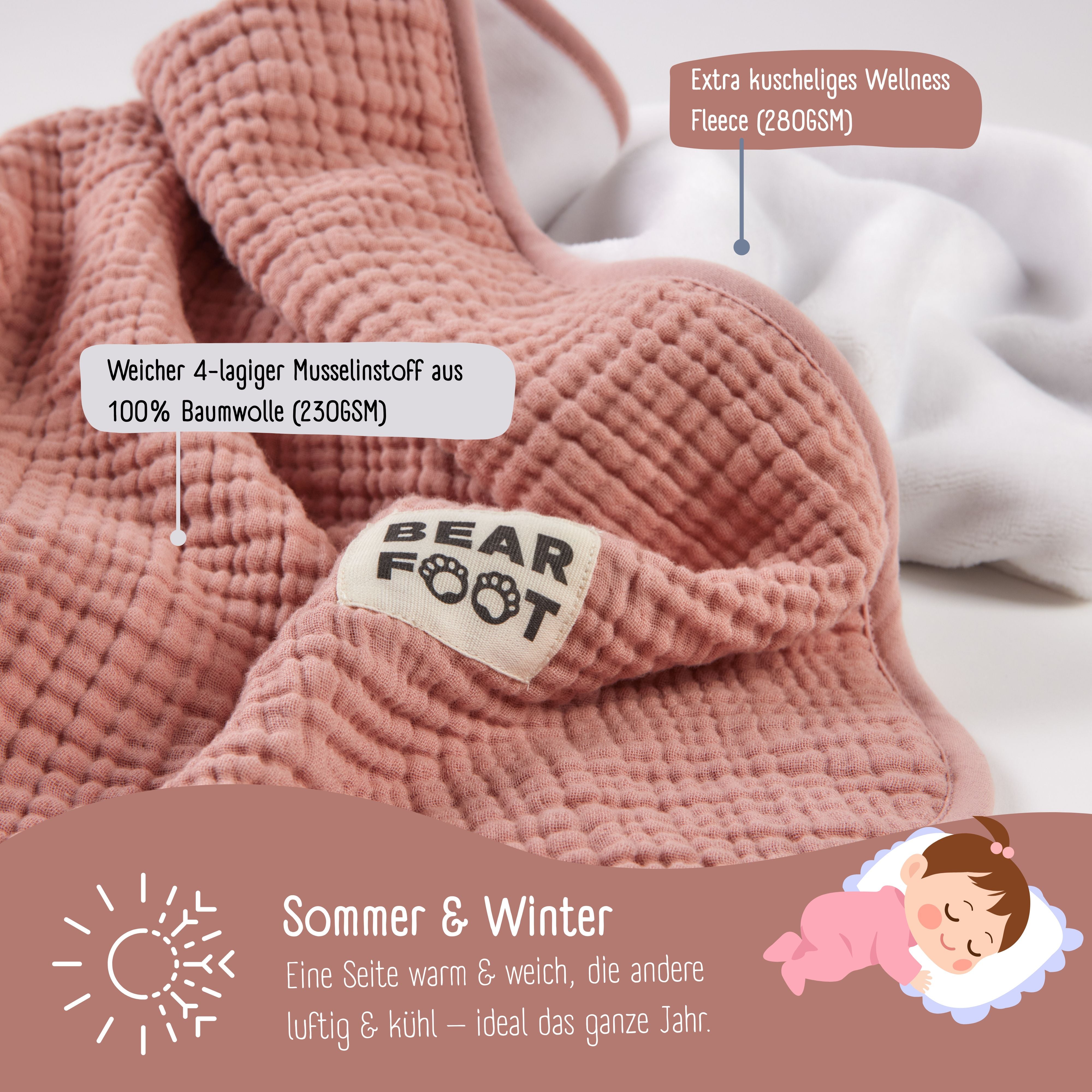 bearfoot-babydecke-musselin-fleece-rosa-kuscheldecke image 3